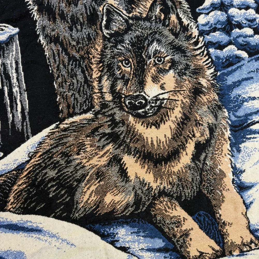 Fieldcrest Woven Wolf Throw Blanket 100% Cotton Fringed Tapestry 46x68 USA Made